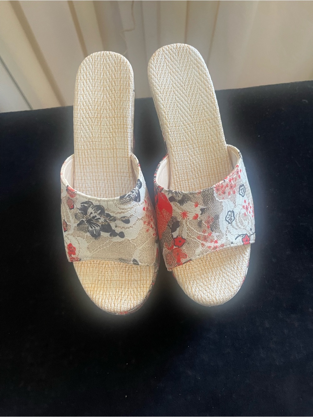 Floral Wedge  Sandals in Cream with Red and Black Accents